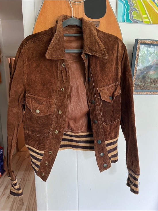 Vintage Jackets & Blazers - Brown Reversible Leather Suede Bomber Jacket Striped Knit Trim Woman Size Small